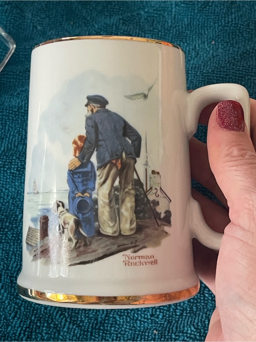 Norman Rockwell White and Gold Seaside Ceramic Mug